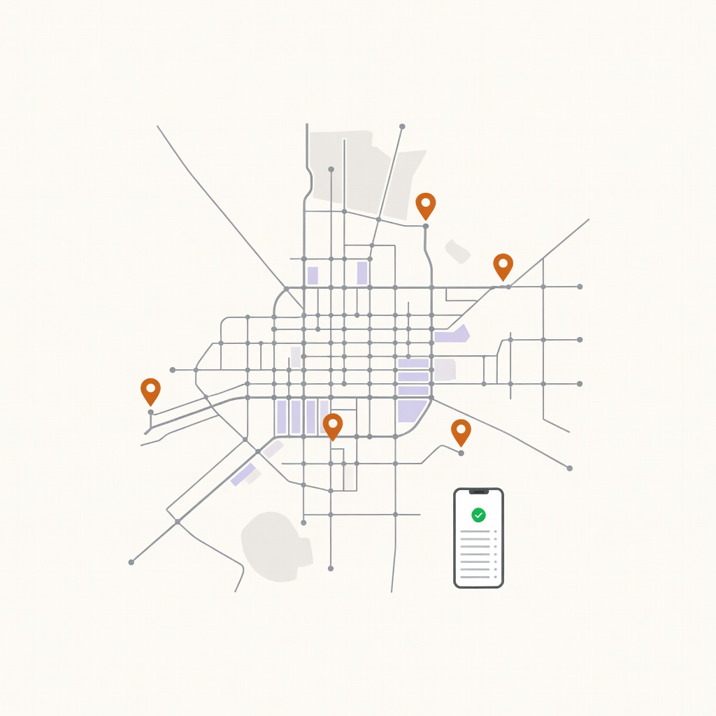 En karta med GPS-pins som visar var personalen är just nu, plus en mobil-tidsapp
