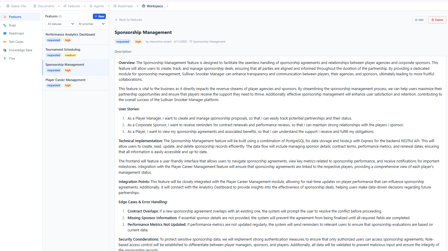 Sponsorship Management spec, ready for build.