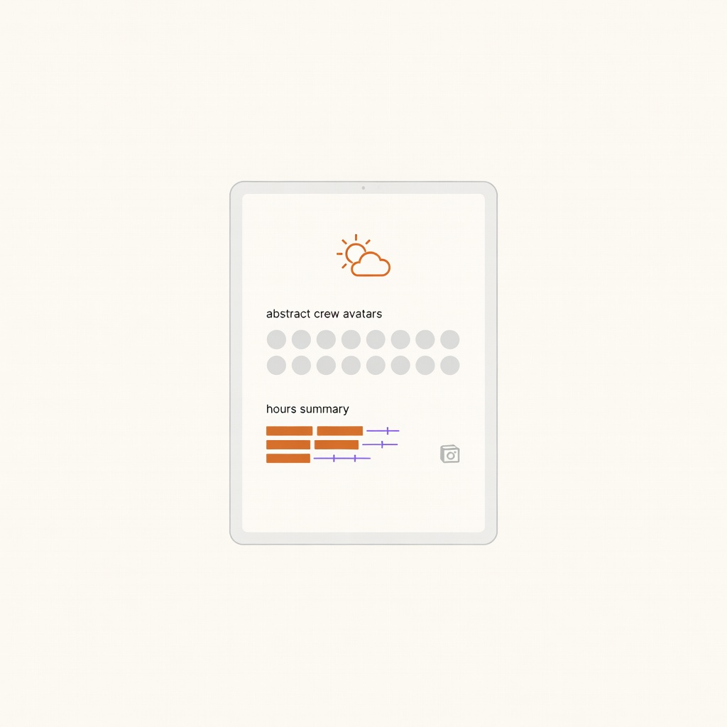 En clipboard-app med väder, lag, timmar, material och foton