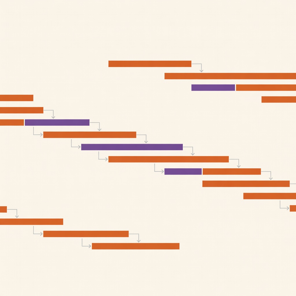 En Gantt-chart-aktig tidsplan med flera parallella projektlinjer