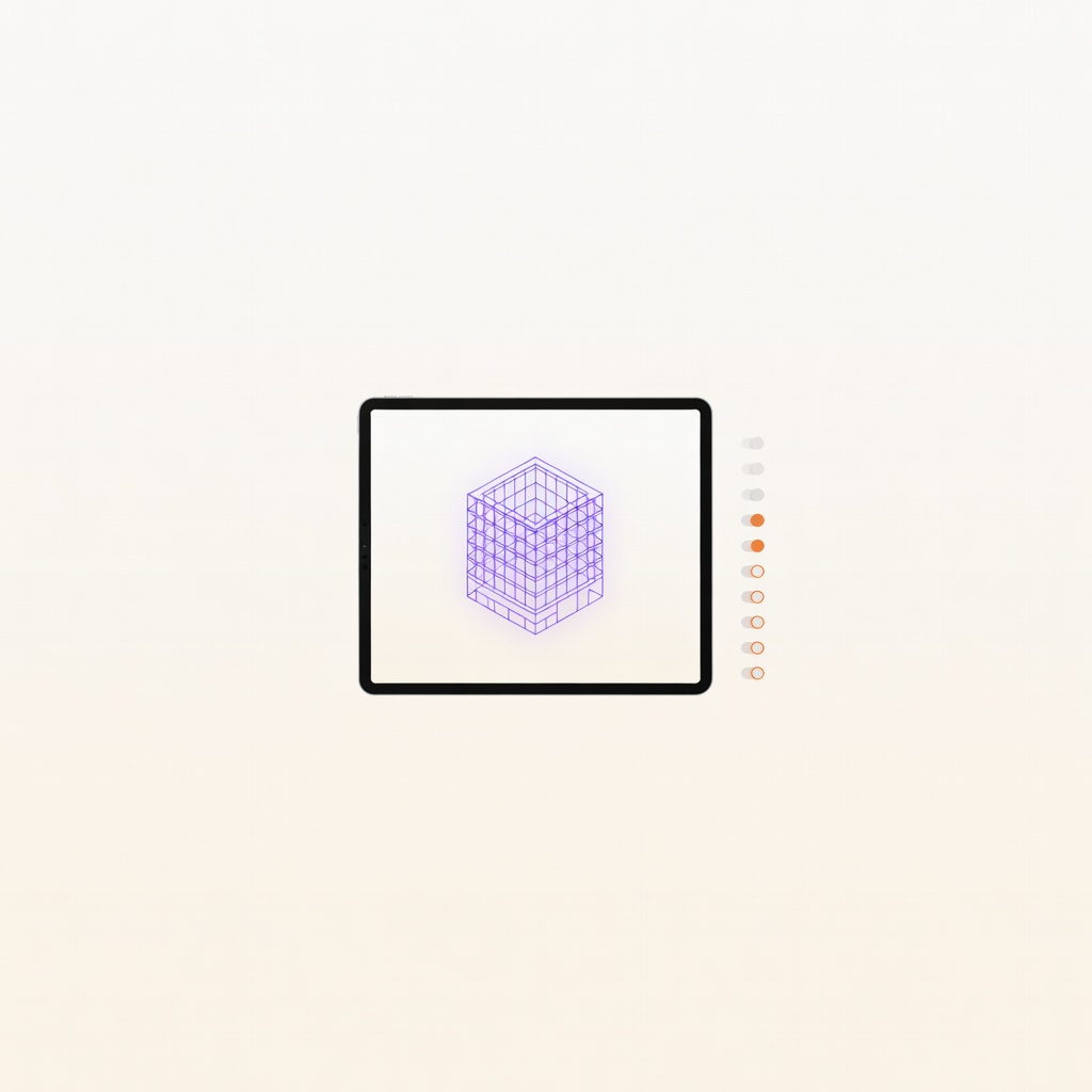 En 3D-wireframe-byggnadsmodell i mjuka lila linjer på en tablet